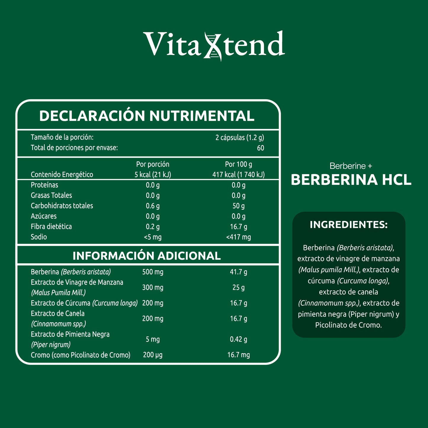 Declaración nutrimental e ingredientes de Berberina HCL VitaXtend - tabla de información nutricional por porción de 2 cápsulas