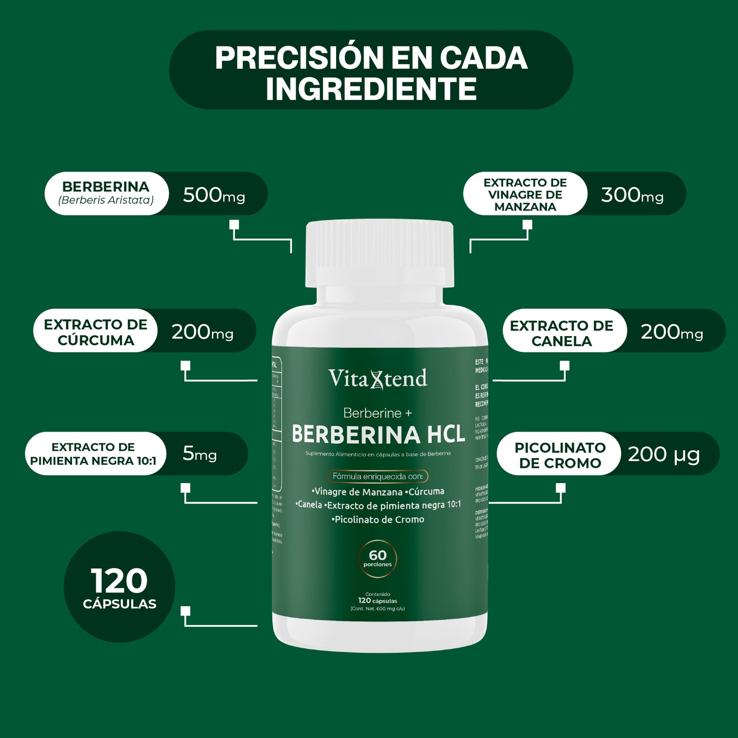 Berberina HCL 97% Pureza – Fórmula 6 en 1 | 120 Cápsulas